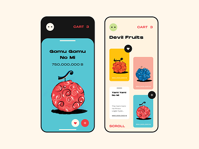 Gomu Gomu No Mi app color design fruit illustration mobile onepiece shop ui ux vector