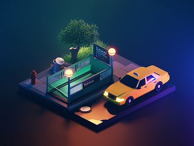 New York Night 3d blender diorama illustration isometric low poly lowpolyart new york render taxi