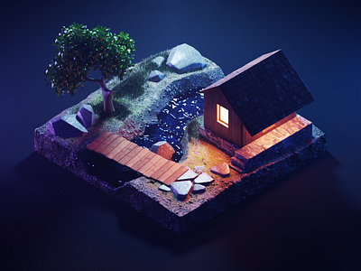 Mountain Hut 3d blender cabin diorama hut illustration isometric mountains nature render