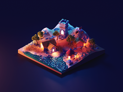 Night Settlers 3d blender diorama illustration isometric low poly lowpoly lowpolyart medieval render settlers
