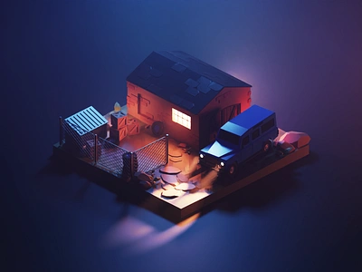 Warzone at Night 3d blender car diorama illustration isometric low poly lowpoly lowpolyart offroad render truck warzone