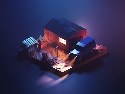 Warzone at Night 3d blender car diorama illustration isometric low poly lowpoly lowpolyart offroad render truck warzone