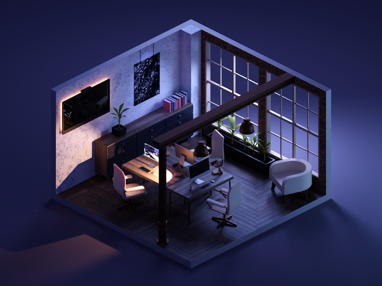 Night Shift studio office room lowpolyart low poly diorama isometric lowpoly render blender illustration 3d