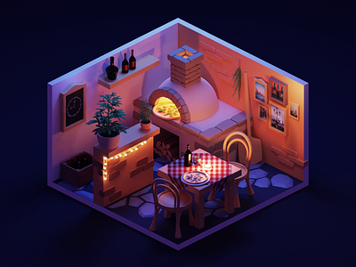 Night Lighting 3d blender diorama illustration isometric low poly lowpoly lowpolyart pizza pizzeria render room tutorial