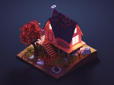 Night Cabin 3d autumn blender cabin diorama fall house illustration isometric low poly lowpoly lowpolyart render