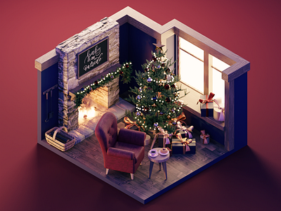 Christmas Hearth 3d blender christmas diorama fireplace illustration isometric living room render room