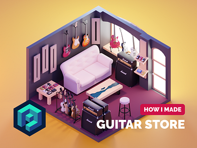 Guitar Store Tutorial 3d blender diorama guitar store guitars illustration isometric music render room tutorial