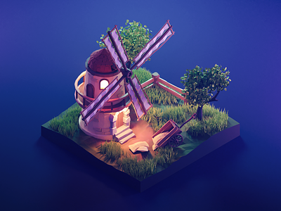 Windmill at Night 3d blender diorama illustration isometric low poly lowpoly lowpolyart render windmill
