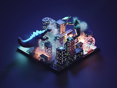 Godzilla vs. Kong 3d blender diorama fanart godzilla illustration isometric kong low poly lowpoly lowpolyart movie render