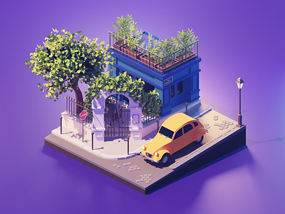 Paris 2cv 3d blender citroen city diorama illustration isometric low poly lowpoly lowpolyart montmartre paris render