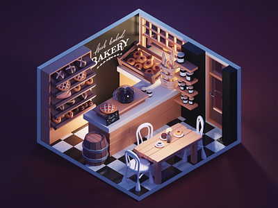 Evening at Bakery 3d bakery blender diorama illustration isometric low poly lowpoly lowpolyart render room shop