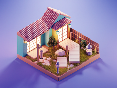 Myiagi Dojo 3d blender cobra kai diorama dojo garden illustration isometric japanese karate kid lowpoly myiagi render