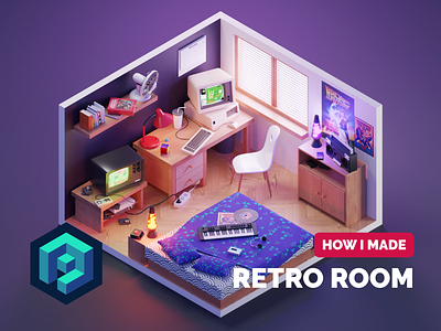 Retro Room Tutorial 3d 80s blender diorama illustration isometric lowpoly render retro room tutorial