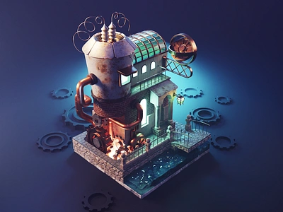 Steampunk Lab 3d blender diorama fantasy illustration isometric lowpoly render steampunk substance textured