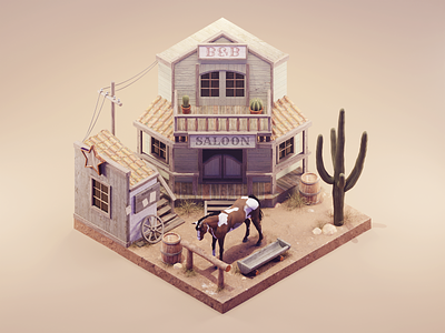 Wild West 3d blender diorama illustration isometric lowpoly render western wild west