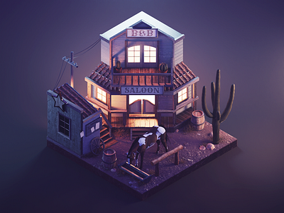 Western Saloon 3d blender diorama illustration isometric render substance painter western wild west