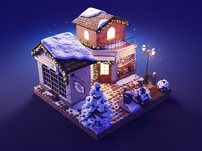 Winter Town 3d blender diorama illustration isometric lowpoly render winter xmas