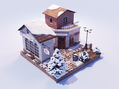 Season End 3d blender diorama illustration isometric lowpoly render town winter