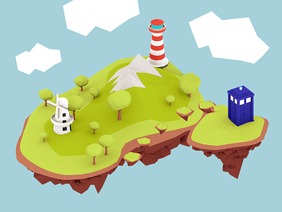 Island 3d blender clouds fantasy grass illustration island lighthouse lowpoly tardis windmill