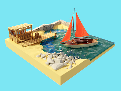 Marina Bay ⚓️ 3d bar bay blender boat coast design illustration lowpoly pier render sailboat sea seaside ship
