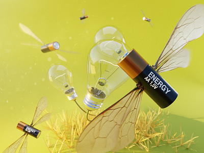 Busy Bees 🐝 3d abstract battery bees blender design hdri illustration lighbulb light lightbulbs pbr plants render surreal