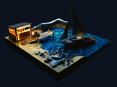 Moonlit Night 🌔 3d bar bay blender boat coast design illustration lowpoly marina moonlight night render sailboat scene