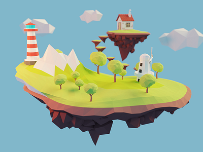 Lighthouse Scene 3d blender design diorama floating house illustration island lowpoly mill model render