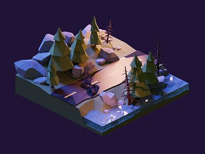 Forest Road at Night 3d blender design diorama forest illustration isometric lowpoly night rainy render road wet