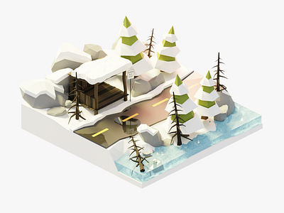 Winter Diorama 3d blender building design forest illustration isometric lowpoly render road snow trees