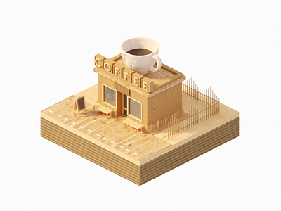Cardboard and Wooden Coffeeshop 3d blender cardboard coffee design illustration isometric lowpoly paper render shop store urban wood