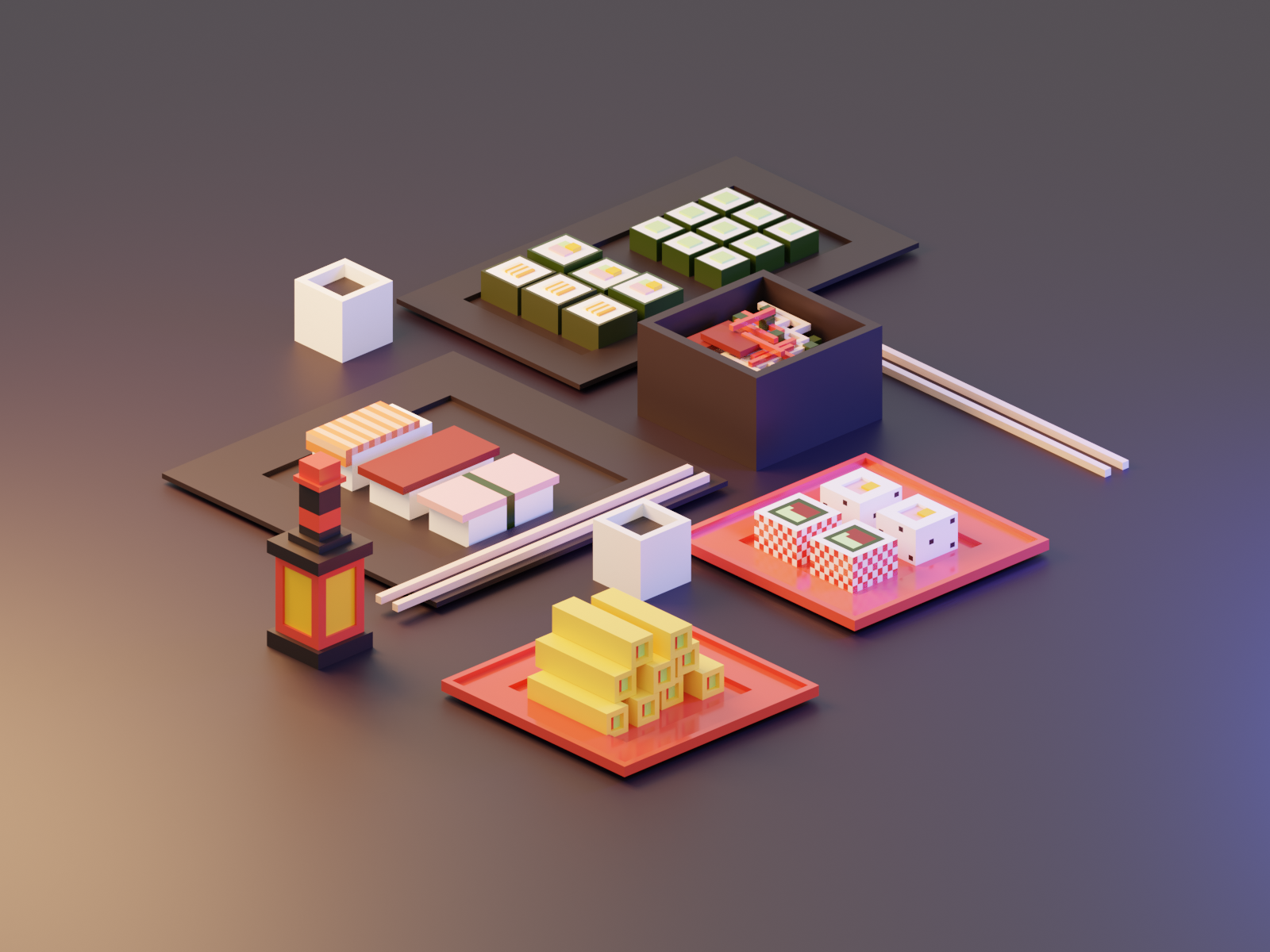 Sushi Lighting Variation 3d blender box design food illustration isometric low poly lowpoly model render sushi