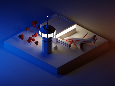 Airport at Night ✨ 3d airplane airport blender design diorama illustration isometric low poly lowpoly lowpolyart night render tower