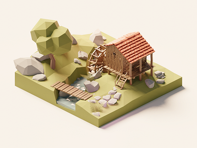 Watermill 3d blender design diorama forest illustration isometric low poly lowpoly lowpolyart mill model render watermill