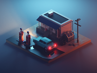 Fuel Station at Night 3d blender building car design diorama illustration isometric lights low poly lowpoly lowpolyart model night render vehicle
