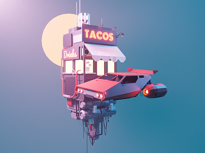 Taco Pit Stop 3d blender cyberpunk design diorama flying car hovercar illustration isometric low poly lowpoly lowpolyart model render sci fi