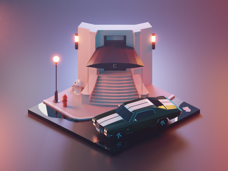 John Wick at Continental continental vehicle john wick chevelle car fanart building lowpolyart diorama low poly model isometric lowpoly render design blender illustration 3d