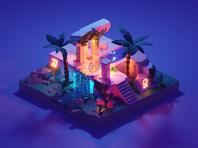 Forgotten Temple 3d ancient blender design diorama glow illustration isometric lights low poly lowpoly lowpolyart model night render ruins temple