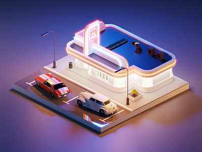 Route 66 Diner 3d blender building cadillac chevelle design diner diorama illustration isometric low poly lowpoly lowpolyart model render route66