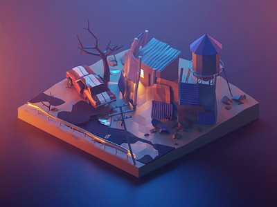 Post-Apocalyptic Settlement 3d 3dillustration blender building design diorama fallout illustration isometric low poly lowpoly lowpolyart model postapocalyptic render settlement