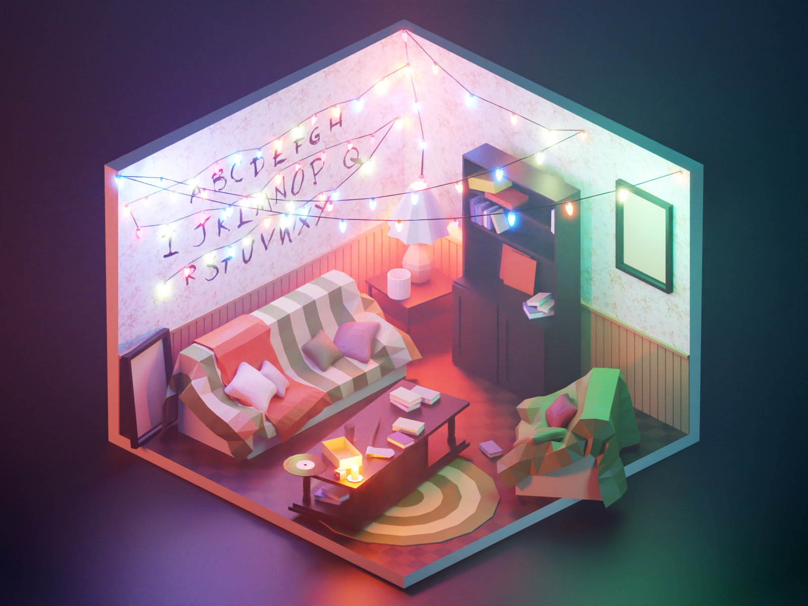 Stranger Things 3d blender byers design diorama fanart illustration isometric living room low poly lowpoly lowpolyart model render room scif-fi stranger things