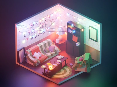 Stranger Things 3d blender byers design diorama fanart illustration isometric living room low poly lowpoly lowpolyart model render room scif fi stranger things