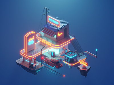 Cloud Station 3d blender building concept cyberpunk design dieselpunk diorama game art game design illustration isometric low poly lowpoly lowpolyart render