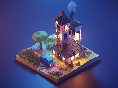 The Burrow in the Night 3d blender diorama fanart harry potter illustration isometric low poly lowpoly lowpolyart render
