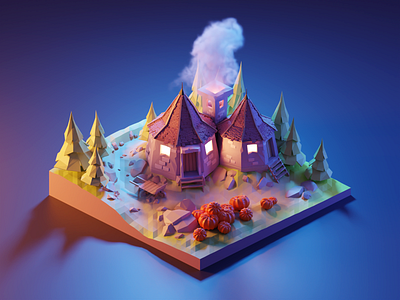 Hagrid's Hut in the Night 3d blender diorama fanart harry potter illustration isometric low poly lowpoly lowpolyart