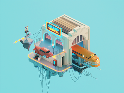 Cloud Train 3d blender dieselpunk diorama illustration isometric low poly lowpoly lowpolyart render