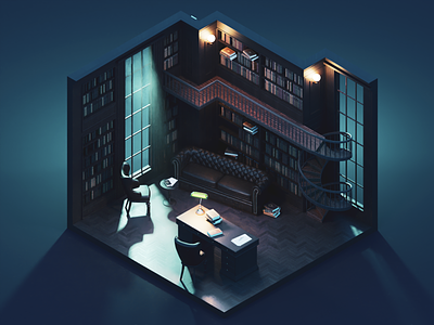 The Study at Night 3d blender diorama illustration isometric library model render room