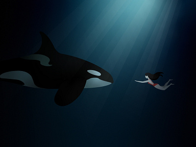 Longing adobe animal character character art dark deep deep sea girl graphic design illustration illustrator orca sun rays swimming underwater vector