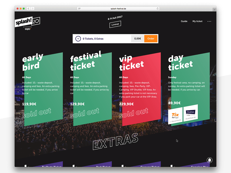 Festival Ticket Page angles animation cart conference festival museo plans shop tickets transition web