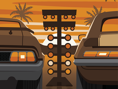 Sunset Race camaro car cars casale graphic design desert digital illustration drag strip drive driving illustration mustang nick casale palm tree palm trees race sunset synthwave