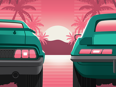 Palm Springs Showdown 80s car cars casale graphic design design digital illustration emerson emerson custom illustration miami mustang nick casale palm trees retro sunset